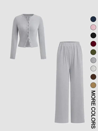 Two-piece Set Women's Solid Button Front Ribbed Crop Top & Elastic Waist Pants