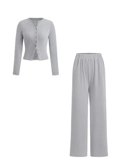Two-piece Set Women's Solid Button Front Ribbed Crop Top & Elastic Waist Pants