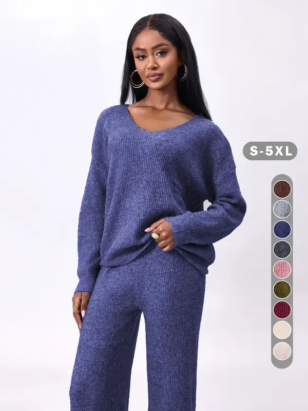 Two-piece Set Women's Solid Color Drop Shoulder Sweater & Pants