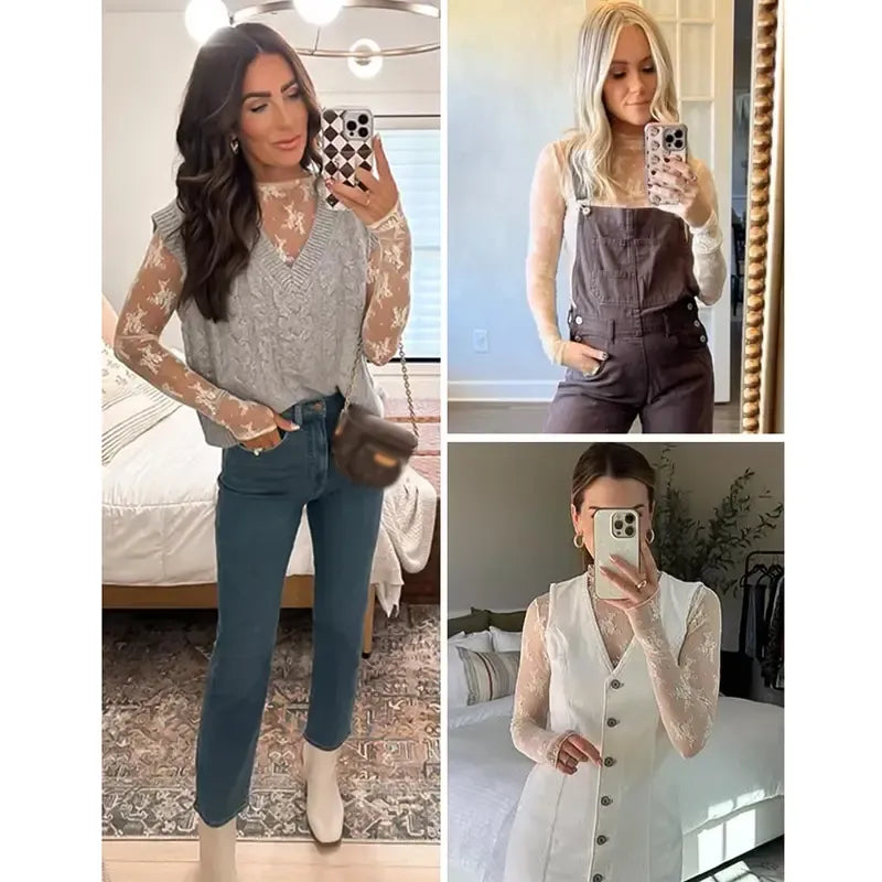 Women‘s Mesh Tops Lace Spring Long Sleeve Shirts