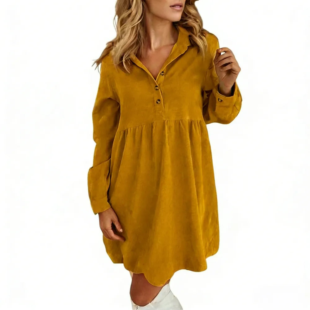 Women's Corduroy Half Button Collared Mini Dress with Pocket
