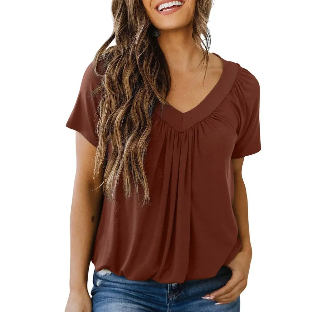 Women's Loose V-Neck Tee – Soft, Shirred Summer Top
