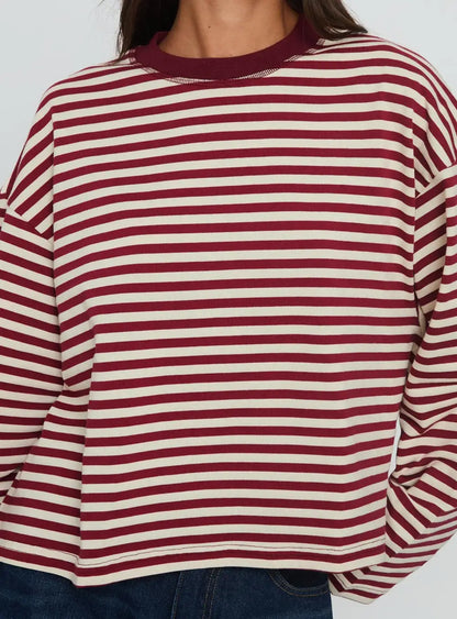 Women Long Sleeve Crew Neck Loose Striped T Shirt