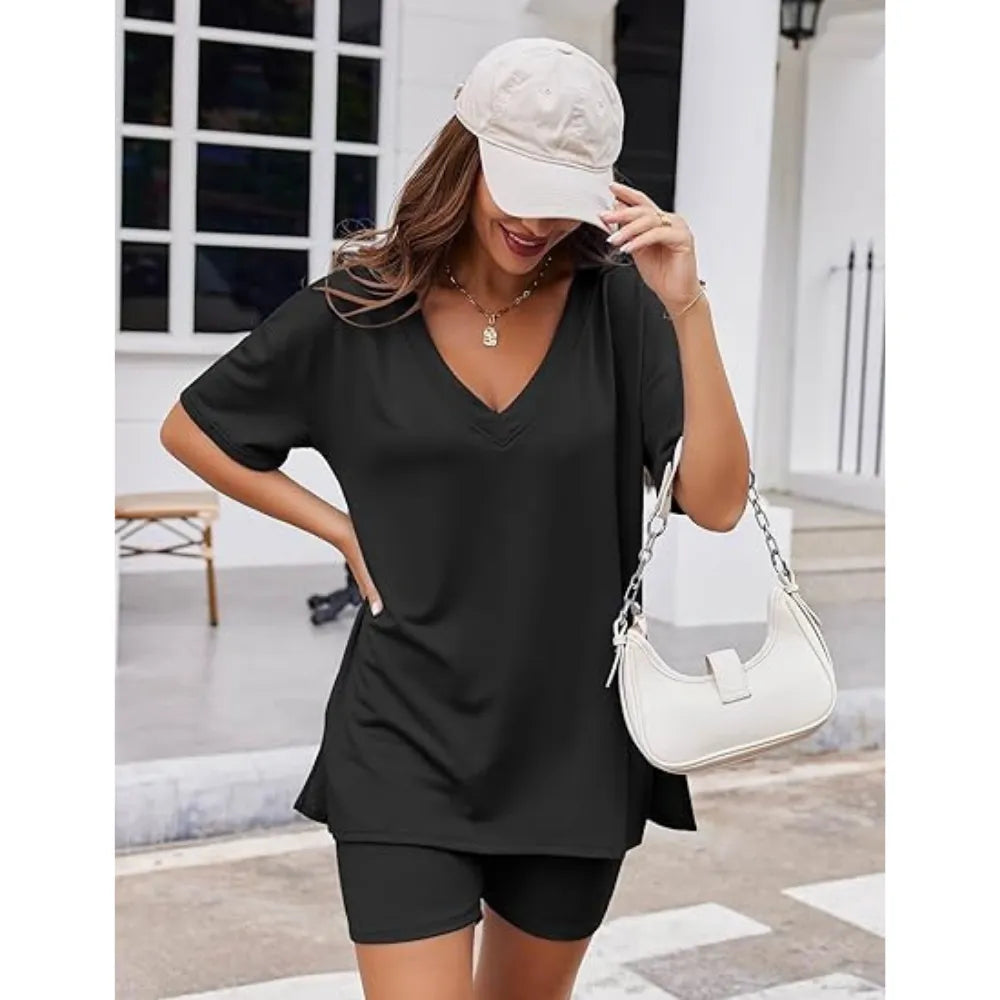 Oversized V-Neck Pajama Set for Women Soft Lightweight 2-Piece Loungewear