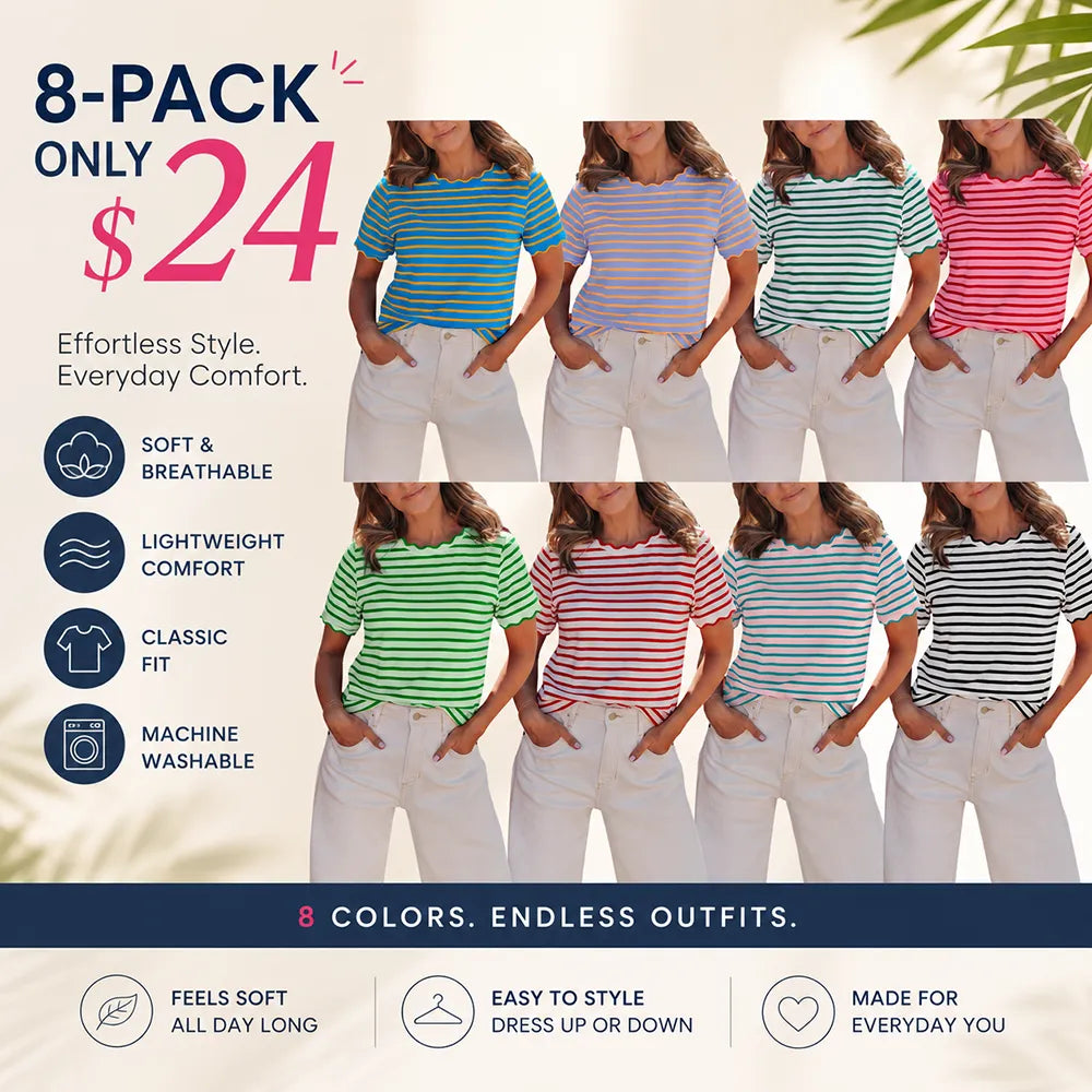 Women's Top Stripe Scalloped Trim Round Neck T Shirt