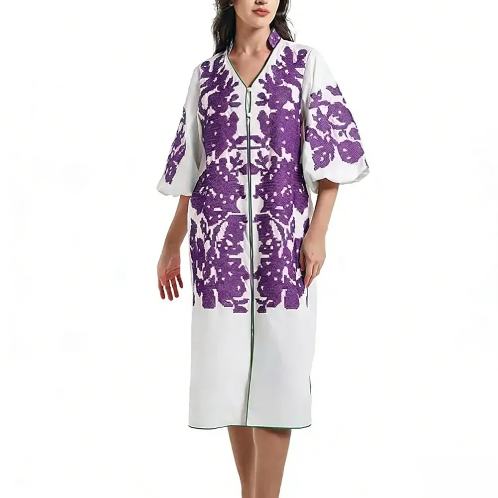 Women Casual V-Neck Mid Dress Floral Embroidery 3/4 Sleeves