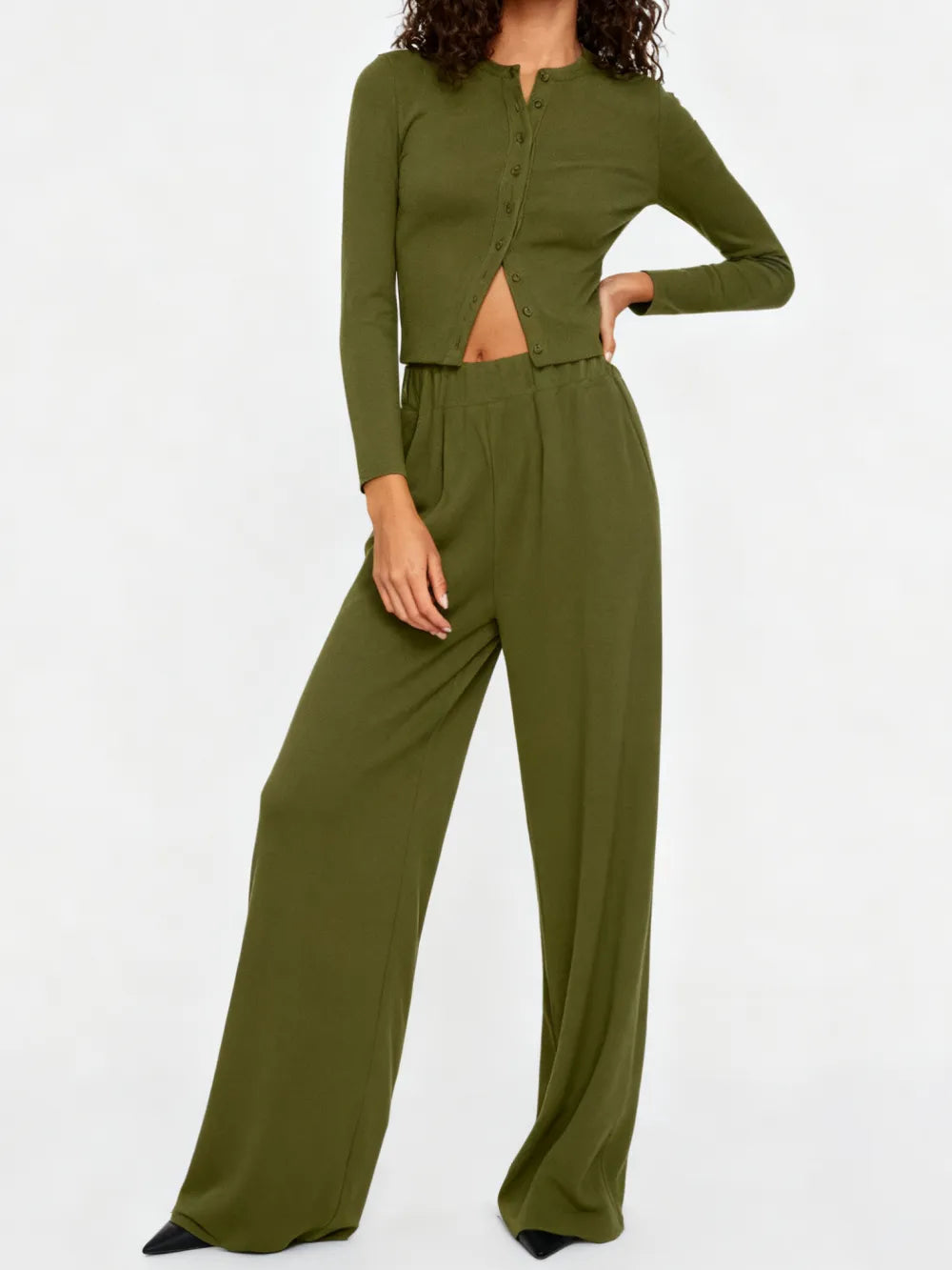 Women's Solid Button Front Ribbed Crop Top & Elastic Waist Pants 2 Piece Set