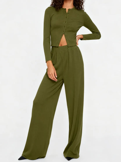 Women's Solid Button Front Ribbed Crop Top & Elastic Waist Pants 2 Piece Set