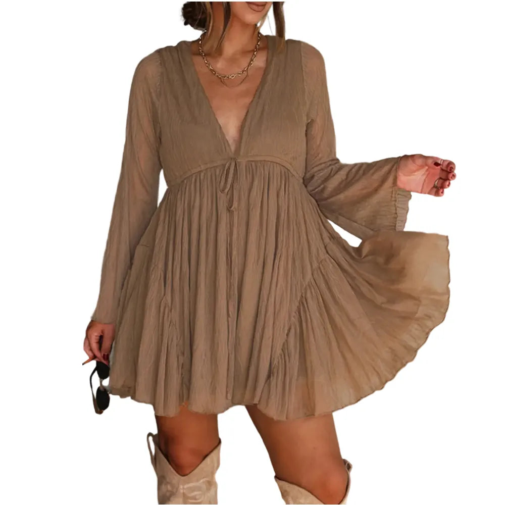 Women's V Neck Long Sleeve Mini Dress