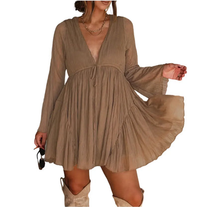 Women's V Neck Long Sleeve Mini Dress