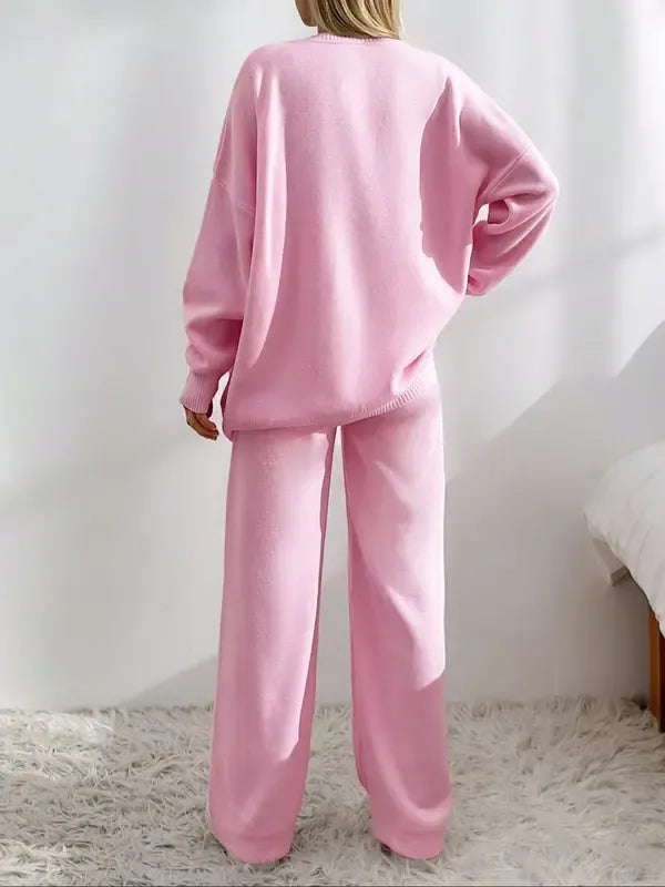 Women's Solid V Neck Cardigan & Elastic Waist Wide Leg Pants Two-piece Set