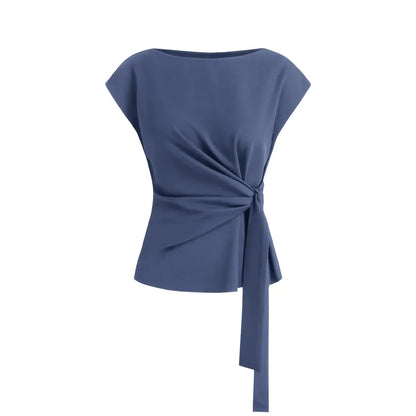 Womens Tops  Cap Sleeve Crew Neck Tie Waist Blouses