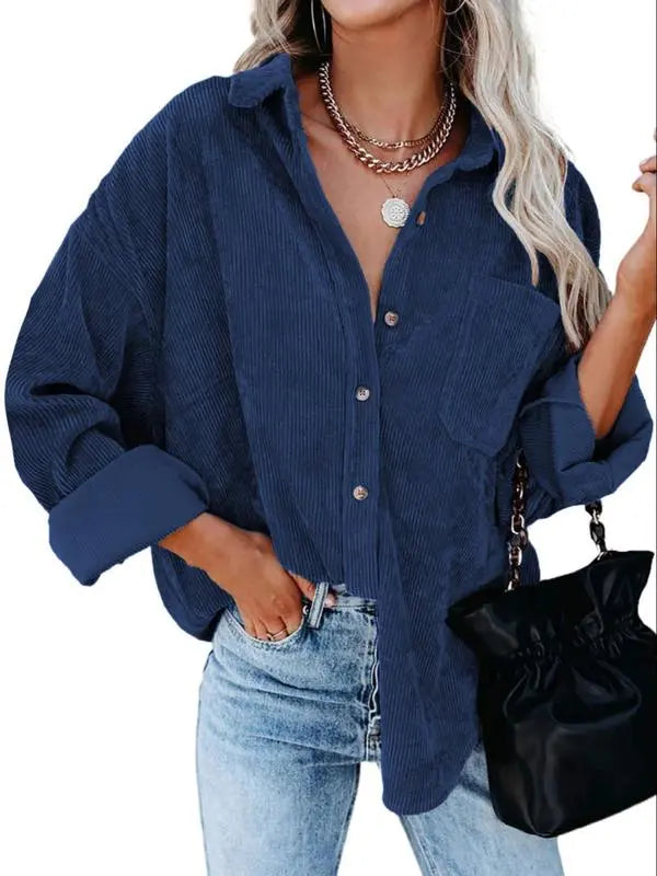 Plain Pocket Button Front Corduroy Shirt