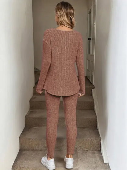 2pcs/Set Women's Plush Rib-Knit Leggings Suit
