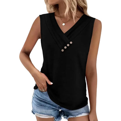 Women Summer Button Down V Neck T Shirts Sleeveless Loose Fit Fashion Tops