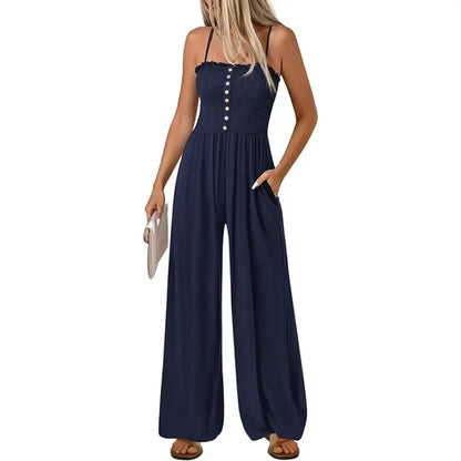 Jumpsuits for Women Summer Sleeveless Smocked Button Wide Leg Rompers