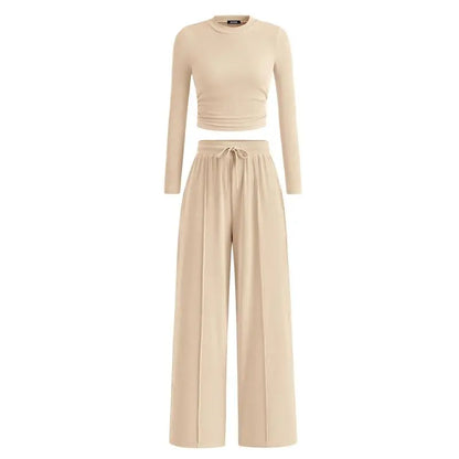 ✨2-Piece Ribbed Knit Long Sleeve Crop Top Wide Leg Pants Lounge Set🔥