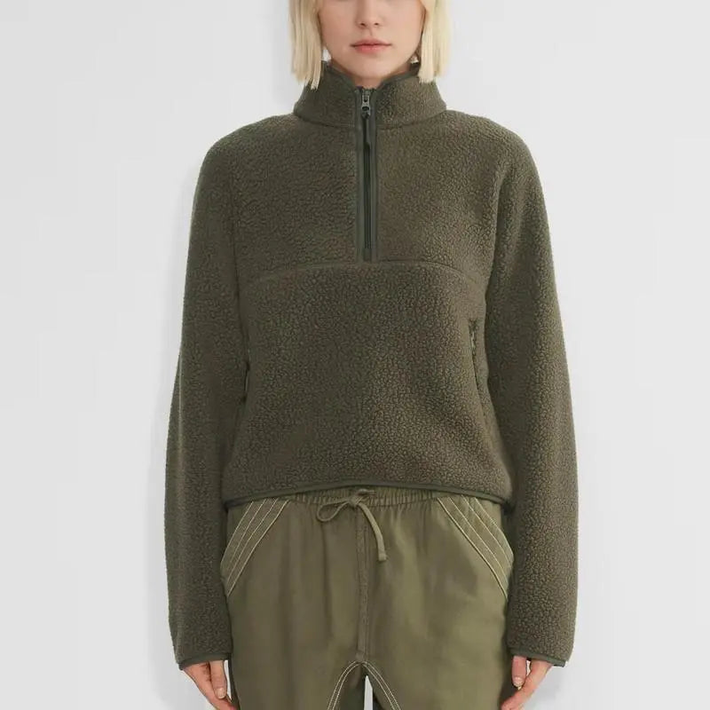 Women’s Fleece Cropped Pullover – Half Zip Sherpa Jacket with Pockets