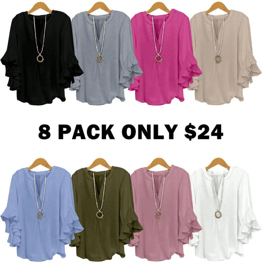 Plus Size Women's Ruffle Sleeve Notched-Neck Fitted Blouse