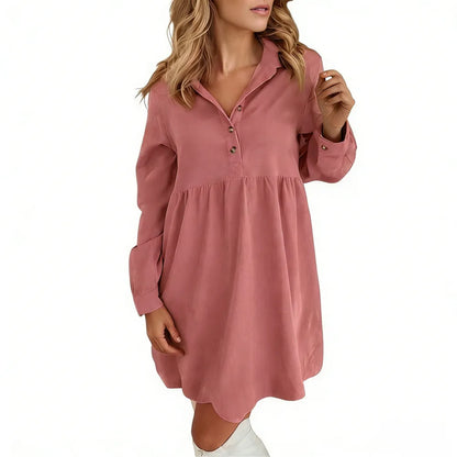 Women's Corduroy Half Button Collared Mini Dress with Pocket