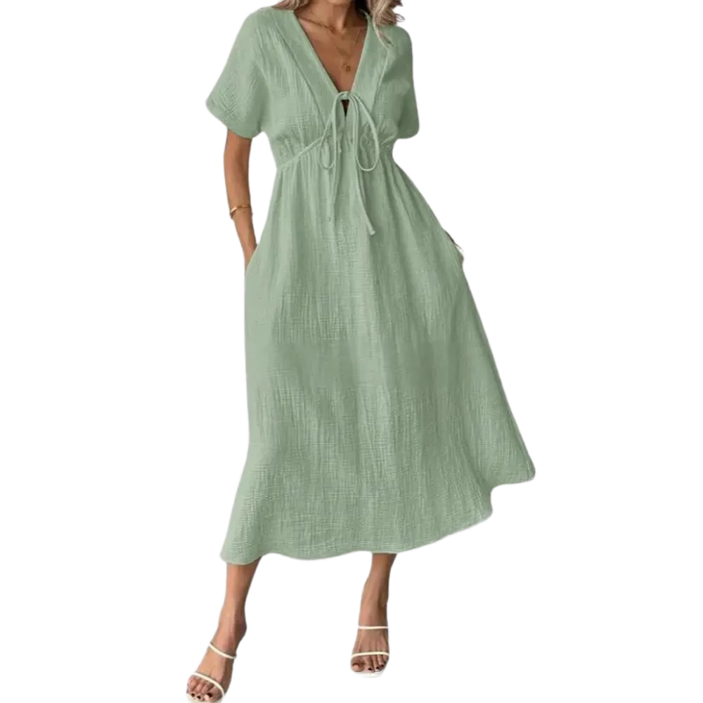 Women's Summer Solid Color V-Neck Cotton Dress