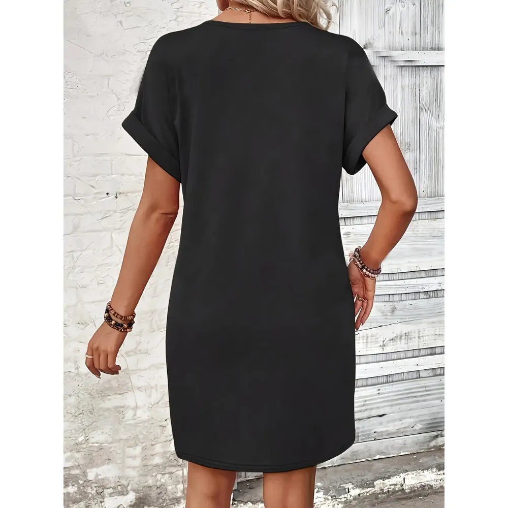 Women's Plain Button V Neck Basic Minimalist Tee Dress
