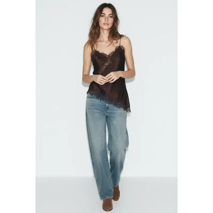 V-neck Floral Lace Lettuce Trim Cami Blouse