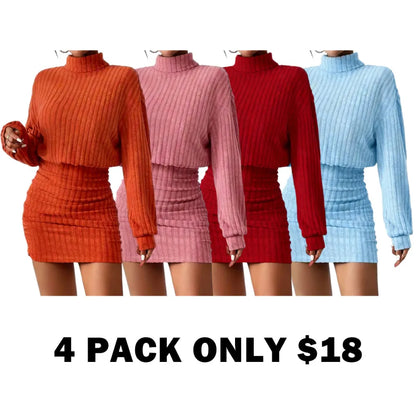 Women's Plain Drop Shoulder Turtleneck Ribbed Dress