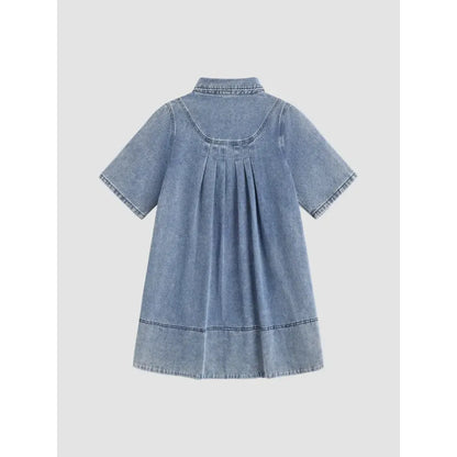 Women's Denim Shirt Mini Dress - Short Sleeve A-Line Swing Fit with Button Half-Placket and Chest Pocket