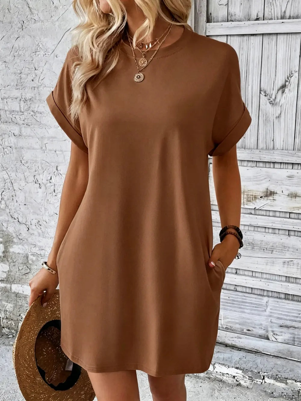 Women's Plain Pocket Batwing Sleeve Tee Dress