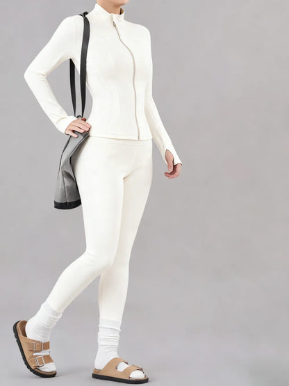 Solid Zip Up Jacket & High Waist Leggings Tracksuit Set