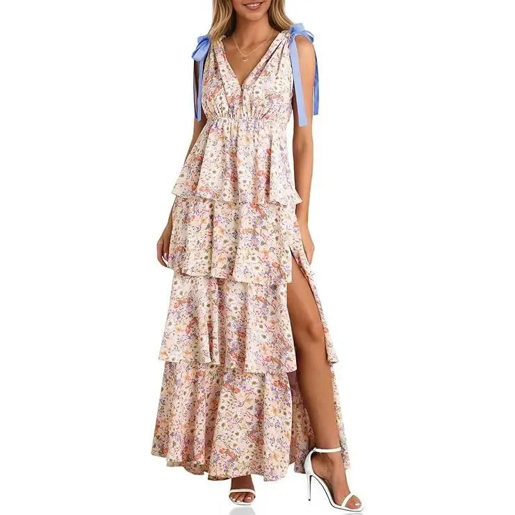 Dress Tie Strap Sleeveless V Neck High