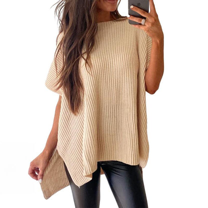 Women’s Oversized Knit Top – Casual Crew Neck Short Sleeve Sweater with Side Slit