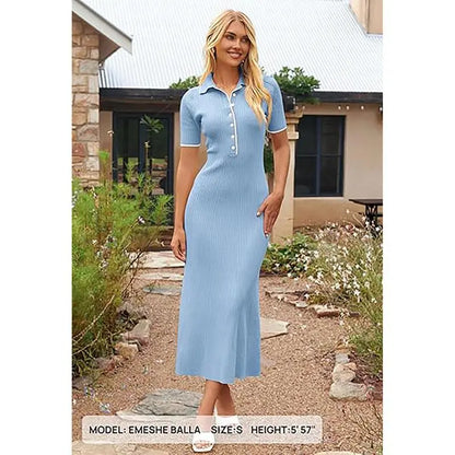 Women's V Neck Ribbed Knit Maxi Dress