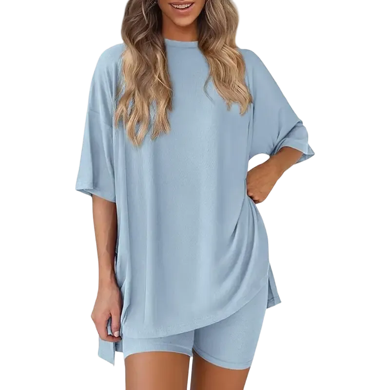 Women's two-piece set: slit-hem shirt paired with shorts