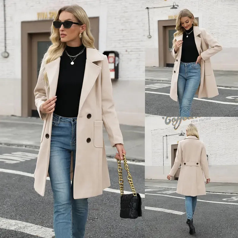 Women's Winter Wool Blend Camel Mid-Long Coat