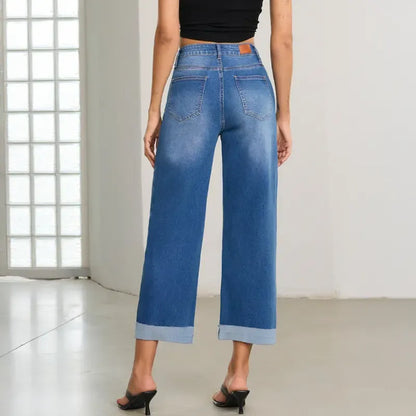 Women's High Waisted Wide Leg Cropped Denim Jeans
