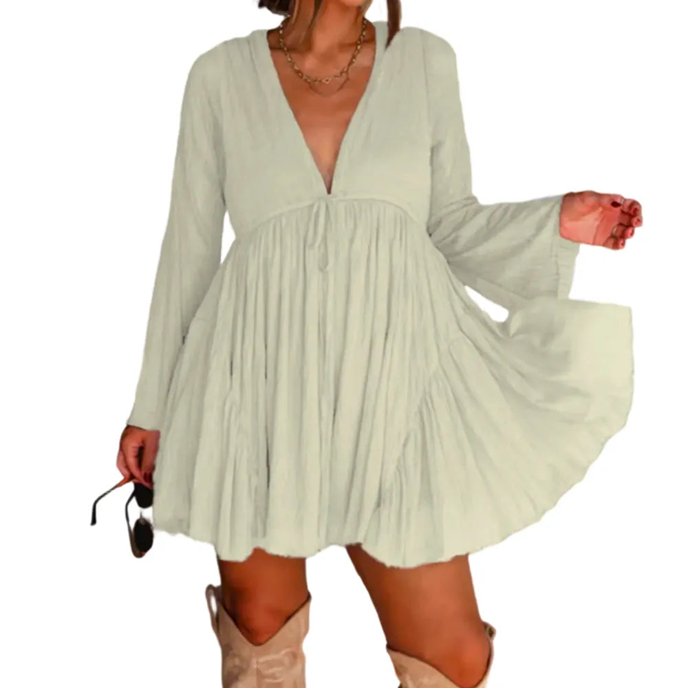 Women's V Neck Long Sleeve Mini Dress