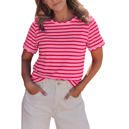 Women's Top Stripe Scalloped Trim Round Neck T Shirt