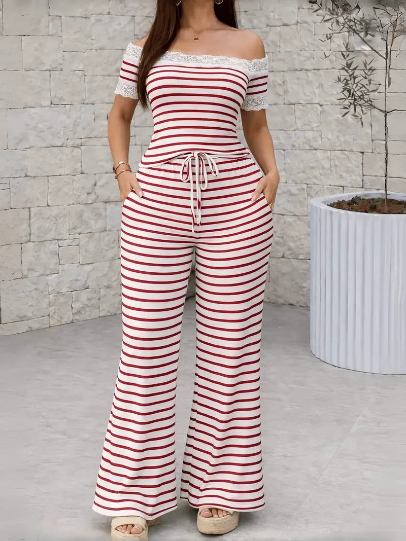 2pcs Women's Off Shoulder Top & Pants Striped Set