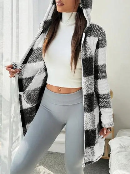 Plaid Fleece Long Sleeve Hooded Coat