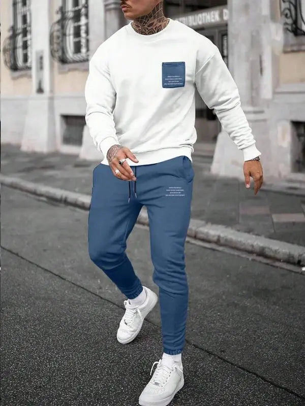 Two-Piece Set Men's Patchwork Drop Shoulder Pocket Sweatshirt & Letter Print Drawstring Sweatpants