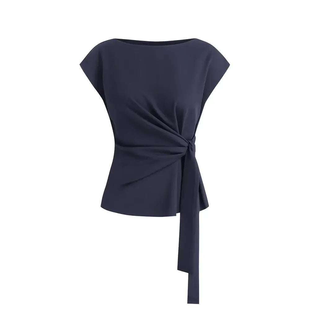 Womens Tops  Cap Sleeve Crew Neck Tie Waist Blouses