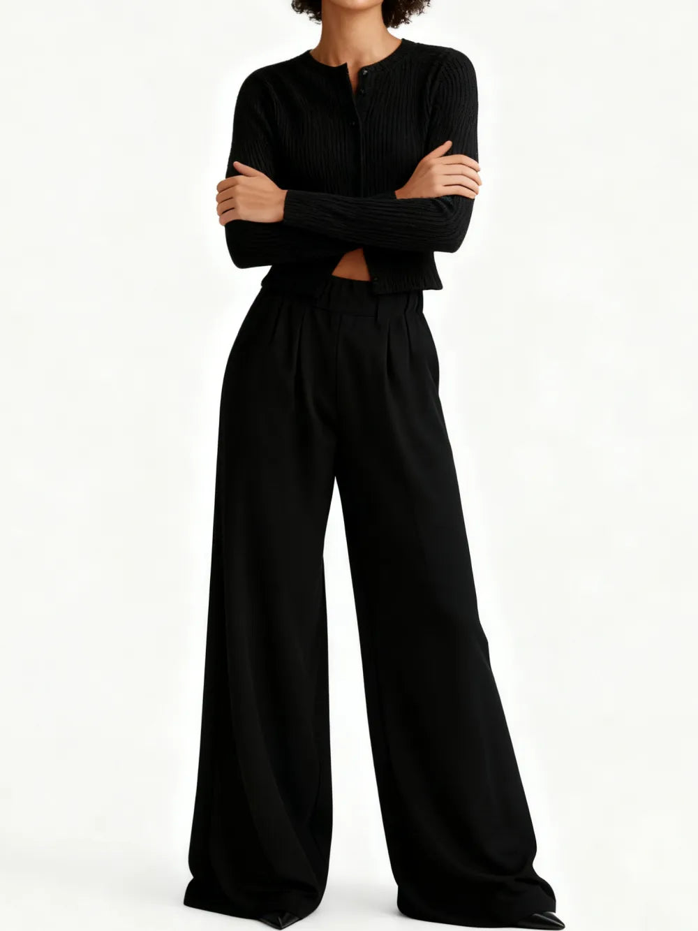 Women's Solid Button Front Ribbed Crop Top & Elastic Waist Pants 2 Piece Set