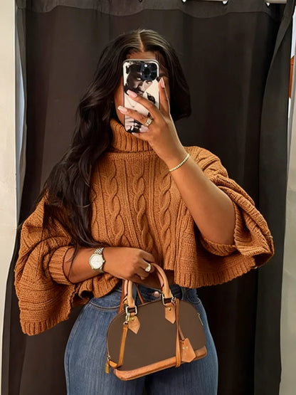 Women's Textured Split Sleeve Turtle Neck Cropped Sweater