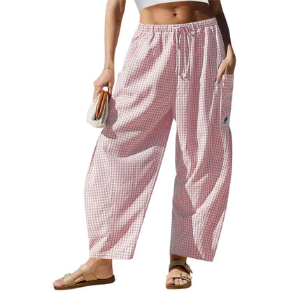Womens Wide Leg Gingham Striped Plaid Pants