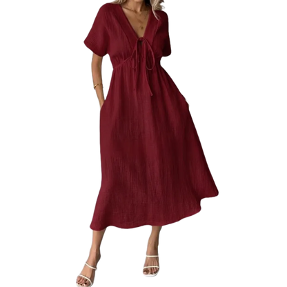 Women's Summer Solid Color V-Neck Cotton Dress
