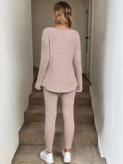 2pcs/Set Women's Plush Rib-Knit Leggings Suit