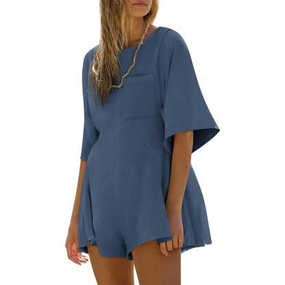 Short Sleeve Crew Neck Loose Jumpsuits with Pocket
