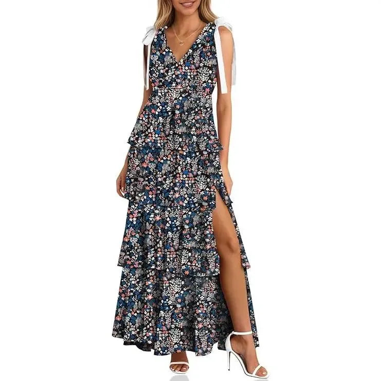 Dress Tie Strap Sleeveless V Neck High